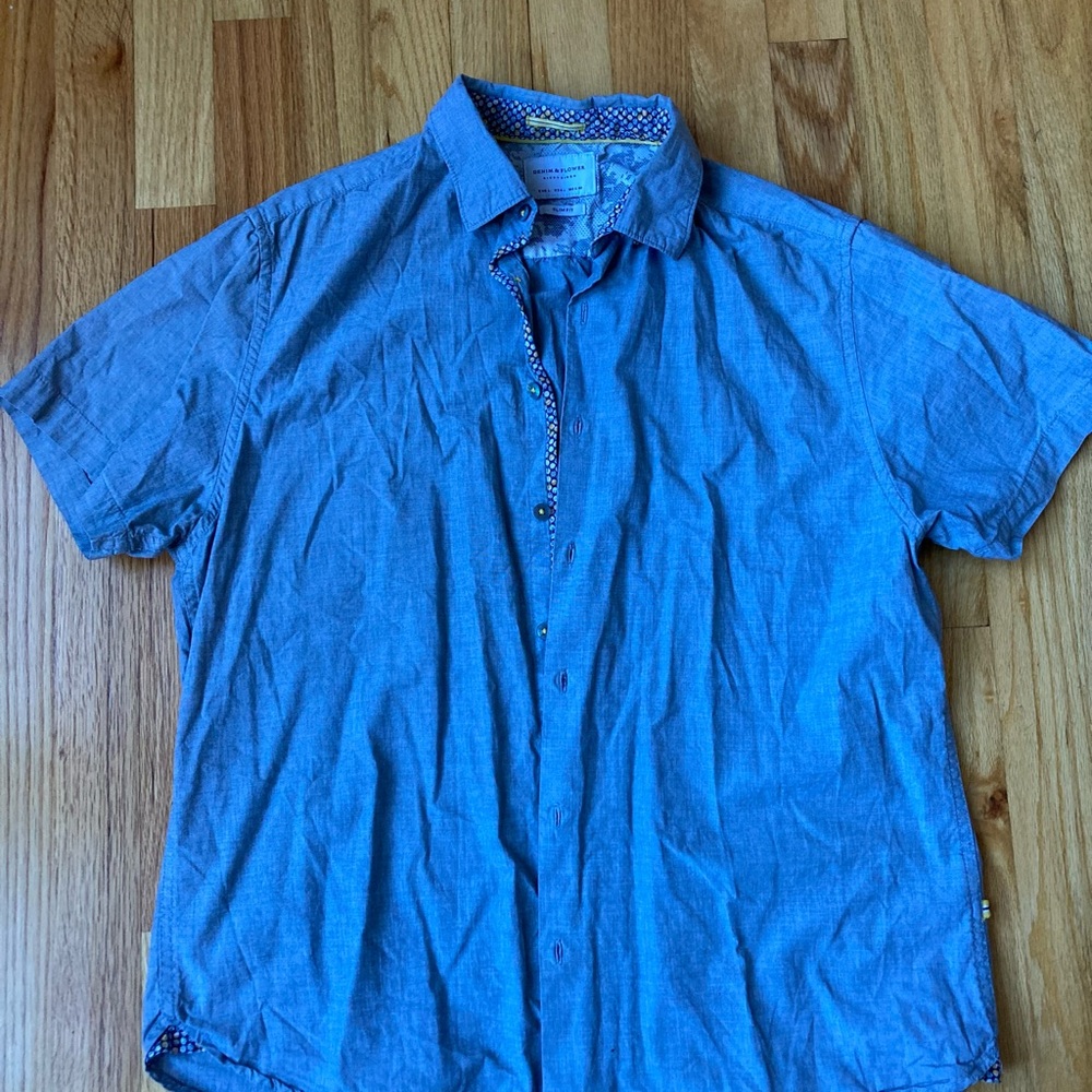 EUC Denim & Flower Men's Grey Button-Down Shirt with Yellow Accents
